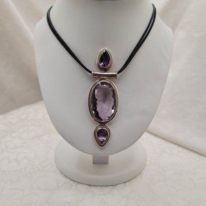 HUGE Sterling Silver Amethyst Quartz Pendant Necklace